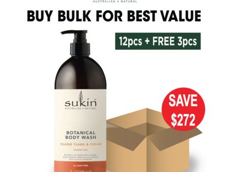 [Bulk Pack] Sukin Botanical Body Wash - Ylang Ylang & Cedar 1L (12pcs + FREE 3pcs) Supply